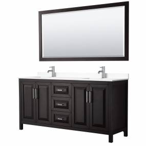 Daria 72 Inch Double Bathroom Vanity in Dark Espresso, White Cultured Marble Countertop, Undermount Square Sinks, 70 Inch Mirror - Wyndham WCV252572DDEWCUNSM70