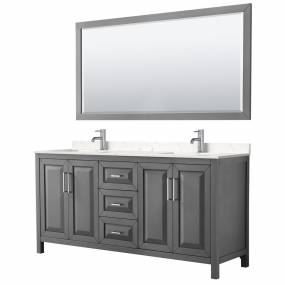 Daria 72 Inch Double Bathroom Vanity in Dark Gray, Light-Vein Carrara Cultured Marble Countertop, Undermount Square Sinks, 70 Inch Mirror - Wyndham WCV252572DKGC2UNSM70
