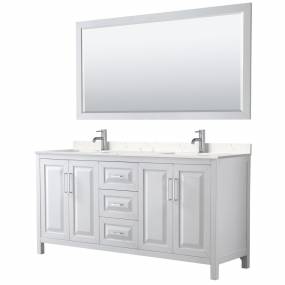 Daria 72 Inch Double Bathroom Vanity in White, Light-Vein Carrara Cultured Marble Countertop, Undermount Square Sinks, 70 Inch Mirror - Wyndham WCV252572DWHC2UNSM70
