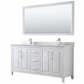 72 inch Double Bathroom Vanity in White, White Carrara Marble Countertop, Undermount Square Sinks, and 70 inch Mirror - Wyndham WCV252572DWHCMUNSM70