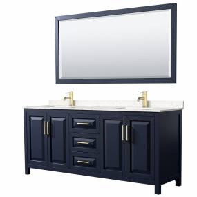 Daria 80 Inch Double Bathroom Vanity in Dark Blue, Light-Vein Carrara Cultured Marble Countertop, Undermount Square Sinks, 70 Inch Mirror - Wyndham WCV252580DBLC2UNSM70