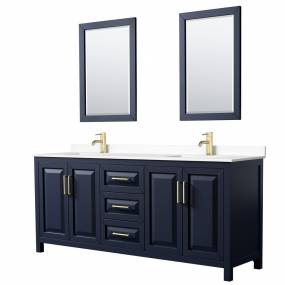 Daria 80 Inch Double Bathroom Vanity in Dark Blue, White Cultured Marble Countertop, Undermount Square Sinks, 24 Inch Mirrors - Wyndham WCV252580DBLWCUNSM24