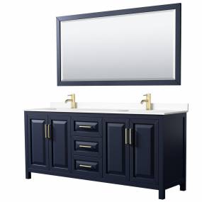 Daria 80 Inch Double Bathroom Vanity in Dark Blue, White Cultured Marble Countertop, Undermount Square Sinks, 70 Inch Mirror - Wyndham WCV252580DBLWCUNSM70