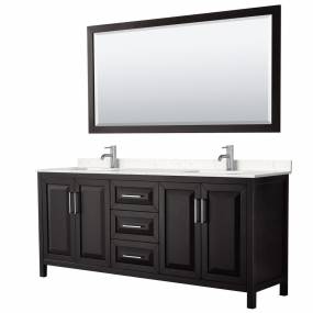 Daria 80 Inch Double Bathroom Vanity in Dark Espresso, Light-Vein Carrara Cultured Marble Countertop, Undermount Square Sinks, 70 Inch Mirror - Wyndham WCV252580DDEC2UNSM70