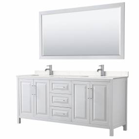 Daria 80 Inch Double Bathroom Vanity in White, Light-Vein Carrara Cultured Marble Countertop, Undermount Square Sinks, 70 Inch Mirror - Wyndham WCV252580DWHC2UNSM70