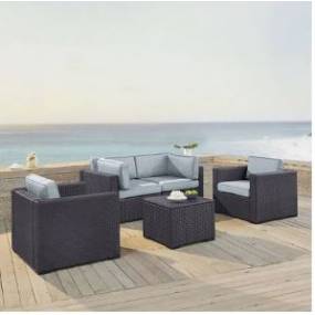 Biscayne 5Pc Outdoor Wicker Conversation Set Mist/Brown - Coffee Table, 2 Armchairs, & 2 Corner Chairs - Crosley KO70110BR-MI