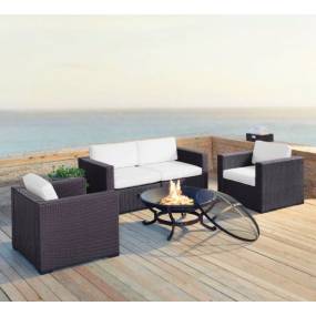 Biscayne 5Pc Outdoor Wicker Conversation Set W/Fire Pit White/Brown - Ashland Firepit, 2 Armchairs, & 2 Corner Chairs - Crosley KO70121BR-WH
