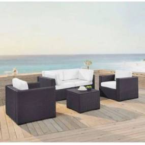 Biscayne 5Pc Outdoor Wicker Conversation Set White/Brown - Coffee Table, 2 Armchairs, & 2 Corner Chairs - Crosley KO70110BR-WH