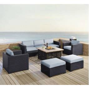Biscayne 7Pc Outdoor Wicker Sectional Set W/Fire Table Mist/Brown - Loveseat, Corner Chair, Tucson Fire Table, 2 Armchairs, & 2 Ottomans - Crosley KO70116BR-MI
