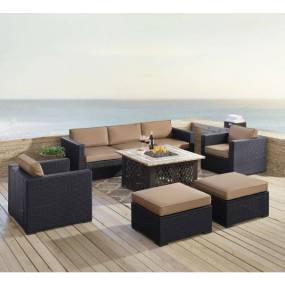 Biscayne 7Pc Outdoor Wicker Sectional Set W/Fire Table Mocha/Brown - Loveseat, Corner Chair, Tucson Fire Table, 2 Armchairs, & 2 Ottomans - Crosley KO70116BR-MO