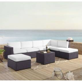 Biscayne 6Pc Outdoor Wicker Sectional Set White/Brown - Armless Chair, Coffee Table, 2 Loveseats, & 2 Ottomans - Crosley KO70114BR-WH