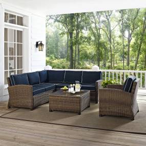 Bradenton 5Pc Outdoor Wicker Sectional Set Navy/Weathered Brown - Right Side Loveseat, Left Side Loveseat, Corner Chair, Arm Chair, & Sectional Glass Top Coffee Table - Crosley KO70021WB-NV