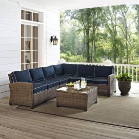 Bradenton 5Pc Outdoor Wicker Sectional Set Navy/Weathered Brown - Right Side Loveseat, Left Side Loveseat, Corner Chair, Center Chair, & Sectional Glass Top Coffee Table - Crosley KO70020WB-NV