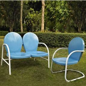 Griffith 2Pc Outdoor Metal Conversation Set Sky Blue Gloss - Loveseat & Chair - Crosley KO10005BL