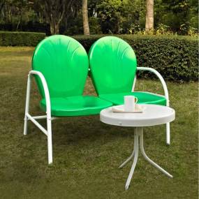 Griffith 2Pc Outdoor Metal Conversation Set Kelly Green Gloss/White Satin - Loveseat & Side Table - Crosley KO10006GR