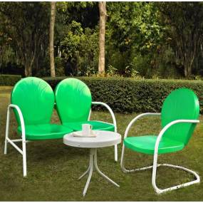 Griffith 3Pc Outdoor Metal Conversation Set Kelly Green Gloss/White Satin - Loveseat, Chair, & Side Table - Crosley KO10003GR
