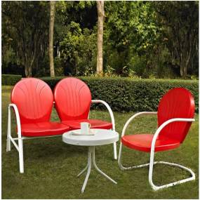 Griffith 3Pc Outdoor Metal Conversation Set Bright Red Gloss/White Satin - Loveseat, Chair, & Side Table - Crosley KO10003RE