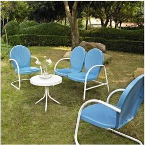 Griffith 4Pc Outdoor Metal Conversation Set Sky Blue Gloss/White Satin - Loveseat, Side Table, & 2 Chairs - Crosley KO10001BL