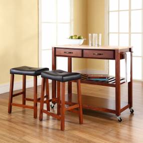 Wood Top Kitchen Prep Cart W/Uph Saddle Stools Cherry/Natural - Kitchen Island & 2 Counter Stools - Crosley KF300514CH