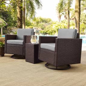 Palm Harbor 3Pc Outdoor Wicker Swivel Chair Set Gray/Brown - Side Table & 2 Swivel Chairs - Crosley KO70058BR-GY
