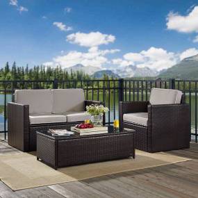 Palm Harbor 3Pc Outdoor Wicker Conversation Set Gray/Brown - Loveseat, Chair, & Coffee Table - Crosley KO70006BR-GY