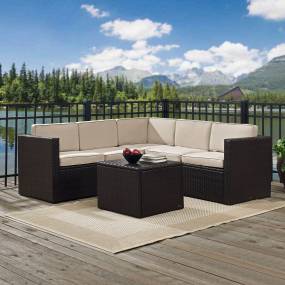Palm Harbor 6Pc Outdoor Wicker Sectional Set Sand/Brown - Coffee Sectional Table, 3 Corner Chairs, & 2 Center Chairs - Crosley KO70007BR-SA
