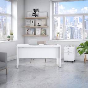 kathy Ireland® Office by Bush Furniture ECH003PW - Echo Credenza Desk w/ Mobile File Cabinet in Pure White