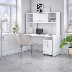 kathy Ireland® Office by Bush Furniture ECH006PW - Echo Credenza Desk w/ Hutch & Mobile File Cabinet in Pure White