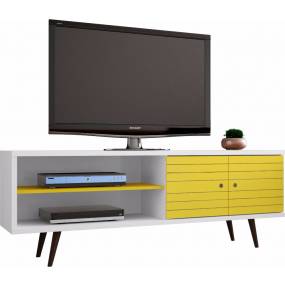 Manhattan Comfort 201AMC64 - Liberty 62.99" Mid Century - Modern TV Stand w/ 3 Shelves & 2 Doors in White & Yellow w/ Solid Wood Legs