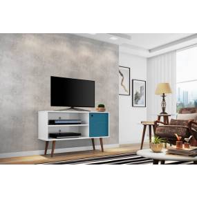 Manhattan Comfort 212BMC63 - Liberty 42.52" Mid Century Modern TV Stand w/ 2 Shelves & 1 Door in White & Aqua Blue