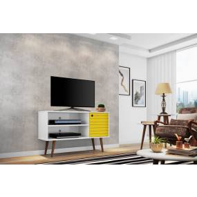 Manhattan Comfort 212BMC64 - Liberty 42.52" Mid Century Modern TV Stand w/ 2 Shelves & 1 Door in White & Yellow