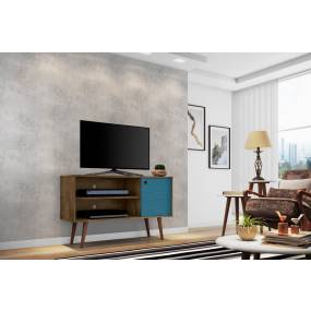 Manhattan Comfort 212BMC93 - Liberty 42.52" Mid Century Modern TV Stand w/ 2 Shelves & 1 Door in Rustic Brown & Aqua Blue