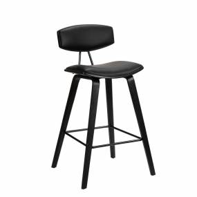 Fox 25.5" Mid-Century Counter Height Barstool in Black Faux Leather with Black Brushed Wood - Armen Living LCFOBABLBL26