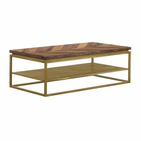Faye Rustic Brown Wood Coffee Table with Shelf and Antique Brass Metal Base - Armen Living LCTRCORU