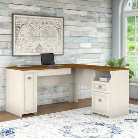 Fairview L Desk in Antique White/Tea Maple - Bush Furniture WC53230-03K
