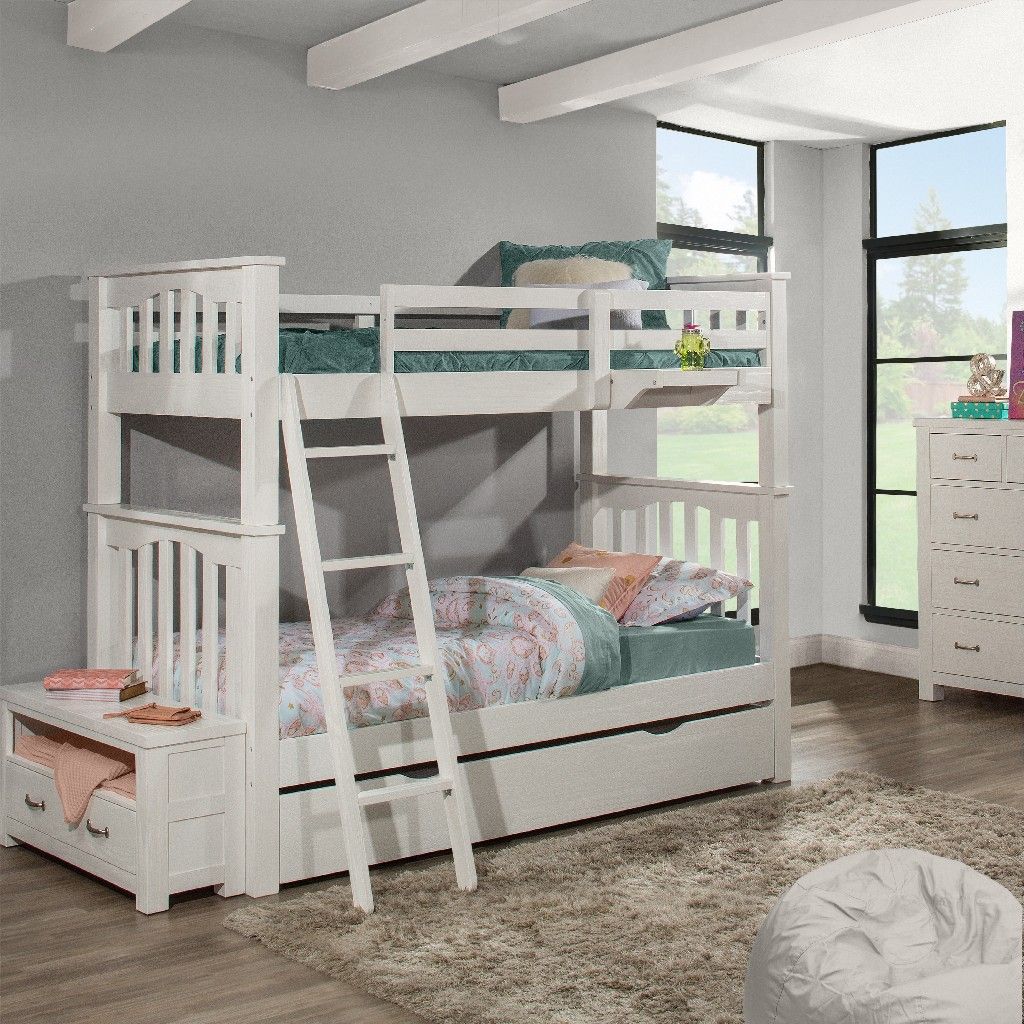white wooden bunk beds with trundle