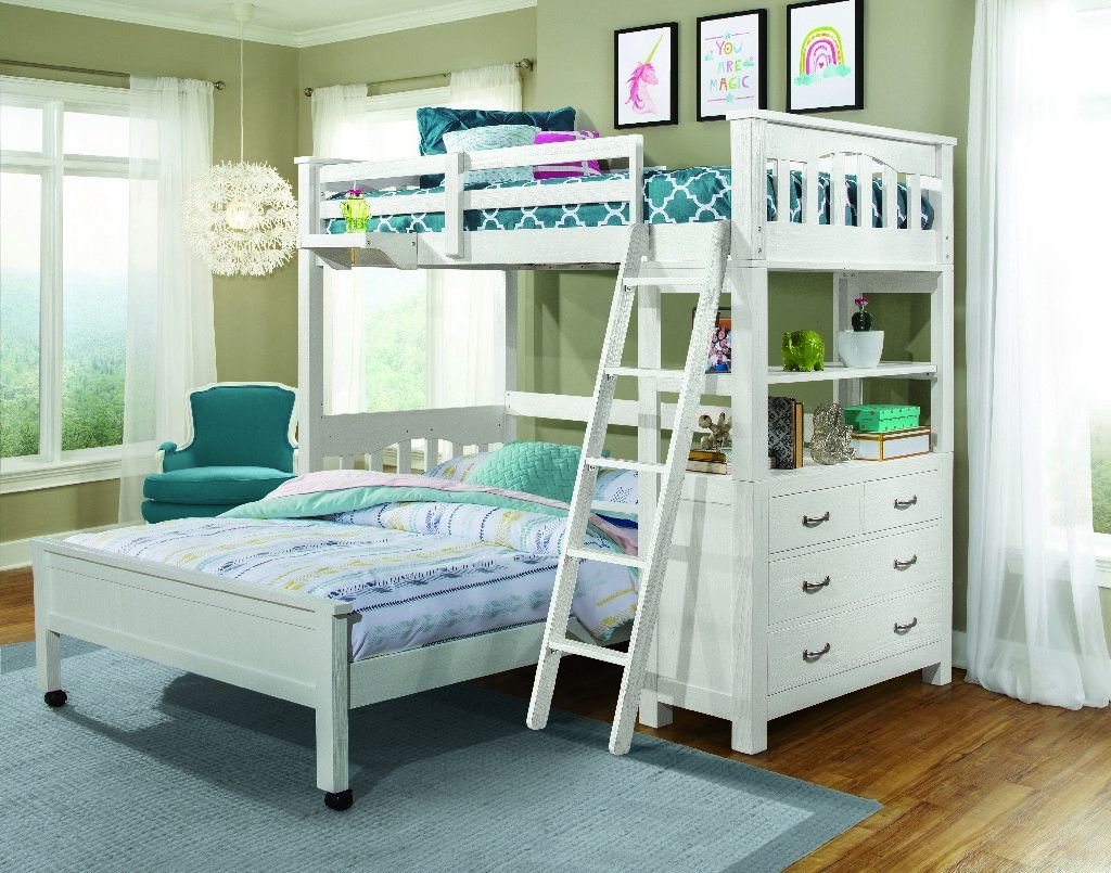 Twin Loft Bed W Full Lower Bed Hanging Nightstand In White Wood Hillsdale 12070nlfbhn