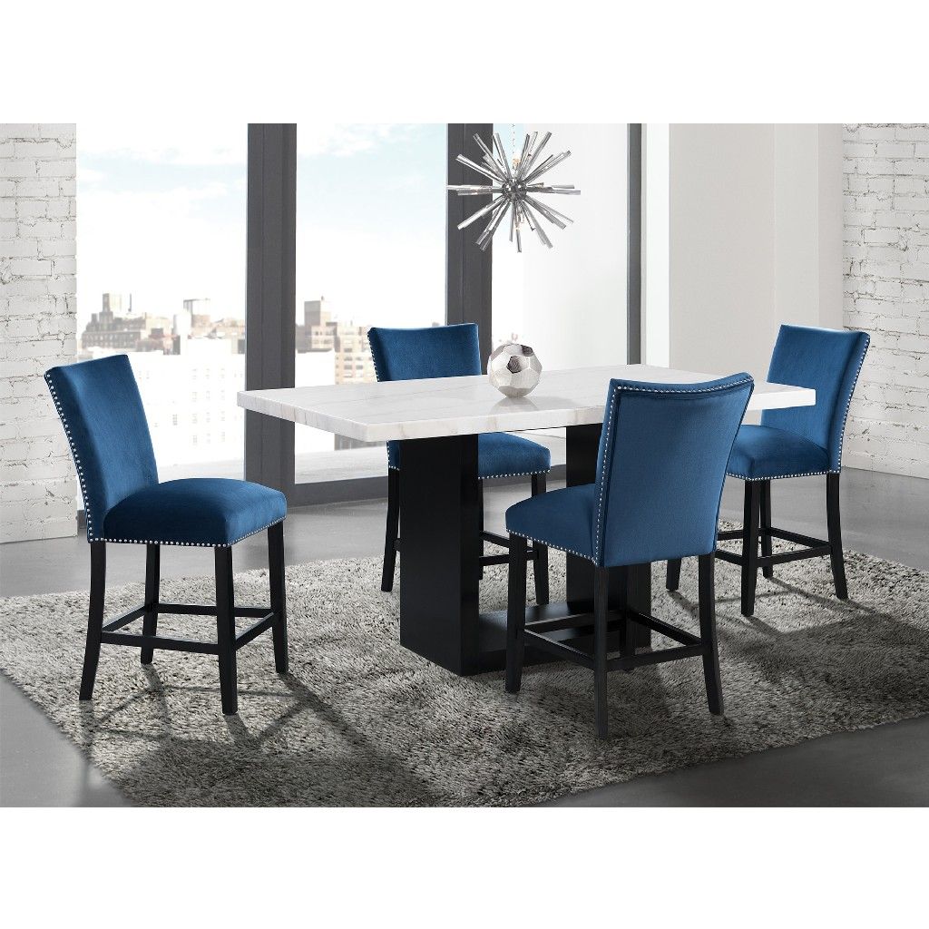 Willow White Marble 5pc Counter Height Dining Set Table And Four Blue Velvet Chairs Picket House Furnishings Cvl700c5pc