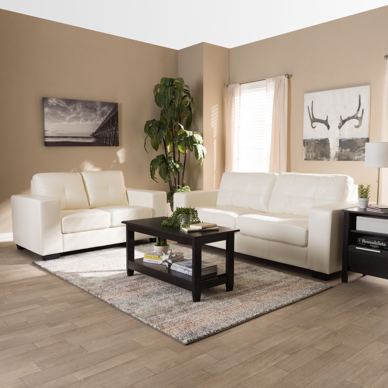 Baxton Studio Adalynn Modern Contemporary White Faux Leather Upholstered 2 Piece Livingroom Set U2470 White 2PC Set