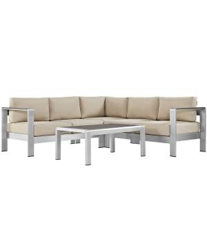 Shore 4 Piece Outdoor Patio Aluminum Sectional Sofa Set - East End Imports EEI-2559-SLV-BEI
