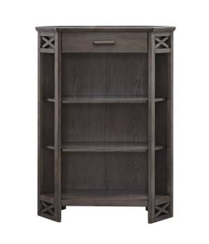 Gray Oak Mantel Height 3-Shelf Corner Bookcase with Drawer Storage - Leick Home 84263