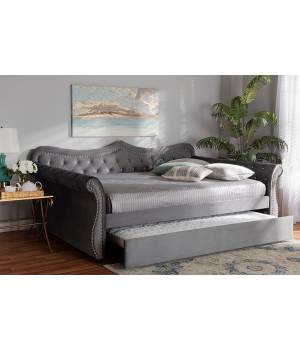 Baxton Studio Abbie Traditional & Transitional Grey Velvet Fabric & Crystal Tufted Queen Size Daybed /w Trundle - Wholesale Interiors Abbie-Grey Velvet-Daybed-Q/T