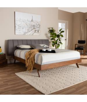 Baxton Studio Brita Mid-Century Modern Grey Fabric Upholstered Walnut Finished Wood Queen Size Bed - BBT6808-Grey/Walnut-Queen