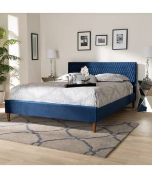 Baxton Studio Frida Glam & Luxe Royal Blue Velvet Fabric Upholstered Queen Size Bed - BBT6830-Navy Blue/Walnut-Queen