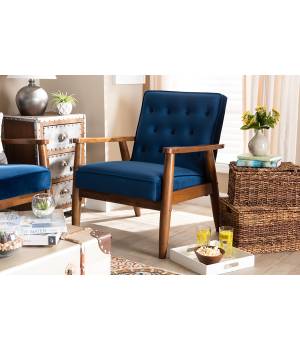 Baxton Studio Sorrento Mid-century Modern Navy Blue Velvet Fabric Walnut Finished Wooden Lounge Chair - Wholesale Interiors BBT8013-Navy Velvet/Walnut-CC