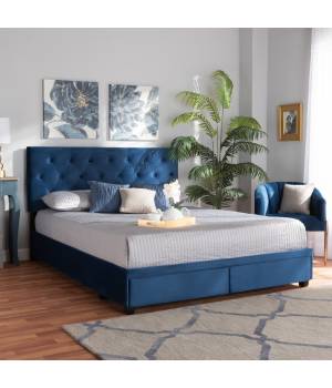 Baxton Studio Caronia Modern Navy Blue Velvet Fabric 2-Drawer King Size Platform Storage Bed - Wholesale Interiors Caronia-Navy-King