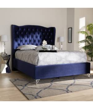 Baxton Studio Hanne Glam & Luxe Purple Blue Velvet Fabric Upholstered King Size Wingback Bed - CF8948-Navy Blue-King