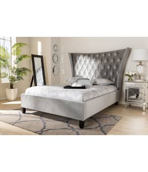 Baxton Studio Viola Glam and Luxe Grey Velvet Fabric Upholstered and Button Tufted King Size Platform Bed with Tall Wingback Headboard - CF9015-Silver Grey-King