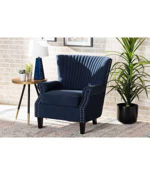 Baxton Studio Wilhelm Classic and Traditional Navy Blue Velvet Fabric Upholstered and Dark Brown Finished Wood Armchair - Wholesale Interiors HH-056-Velvet Blue-Chair
