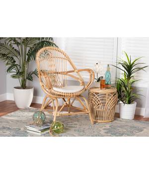 bali & pari Jayden Modern Bohemian White Fabric Upholstered and Natural Brown Finished Rattan Accent Chair - Wholesale Interiors Jayden-Rattan-CC